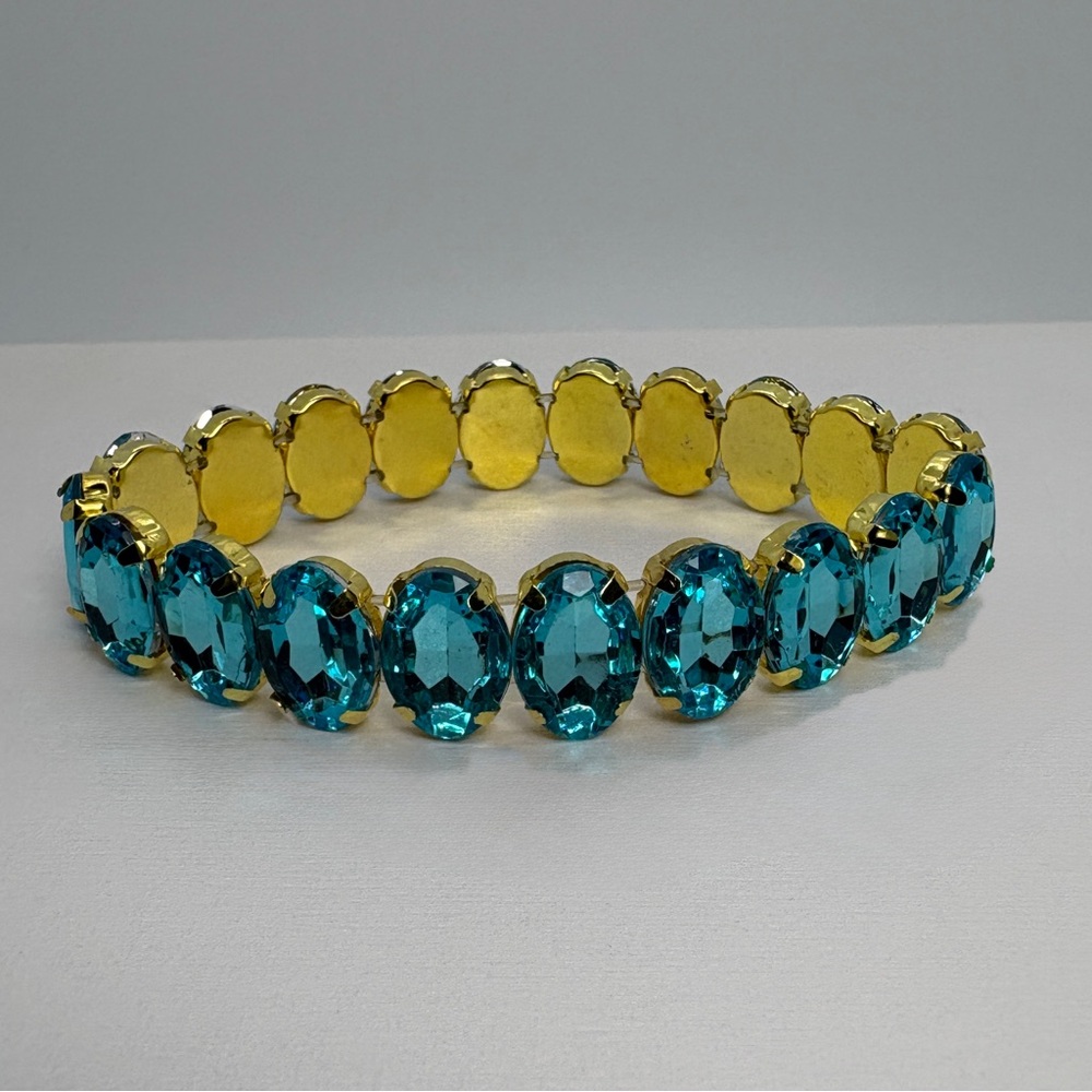 Blue Crystal Rhinestone Oval Pageant Prom Gold Stretch Bracelet